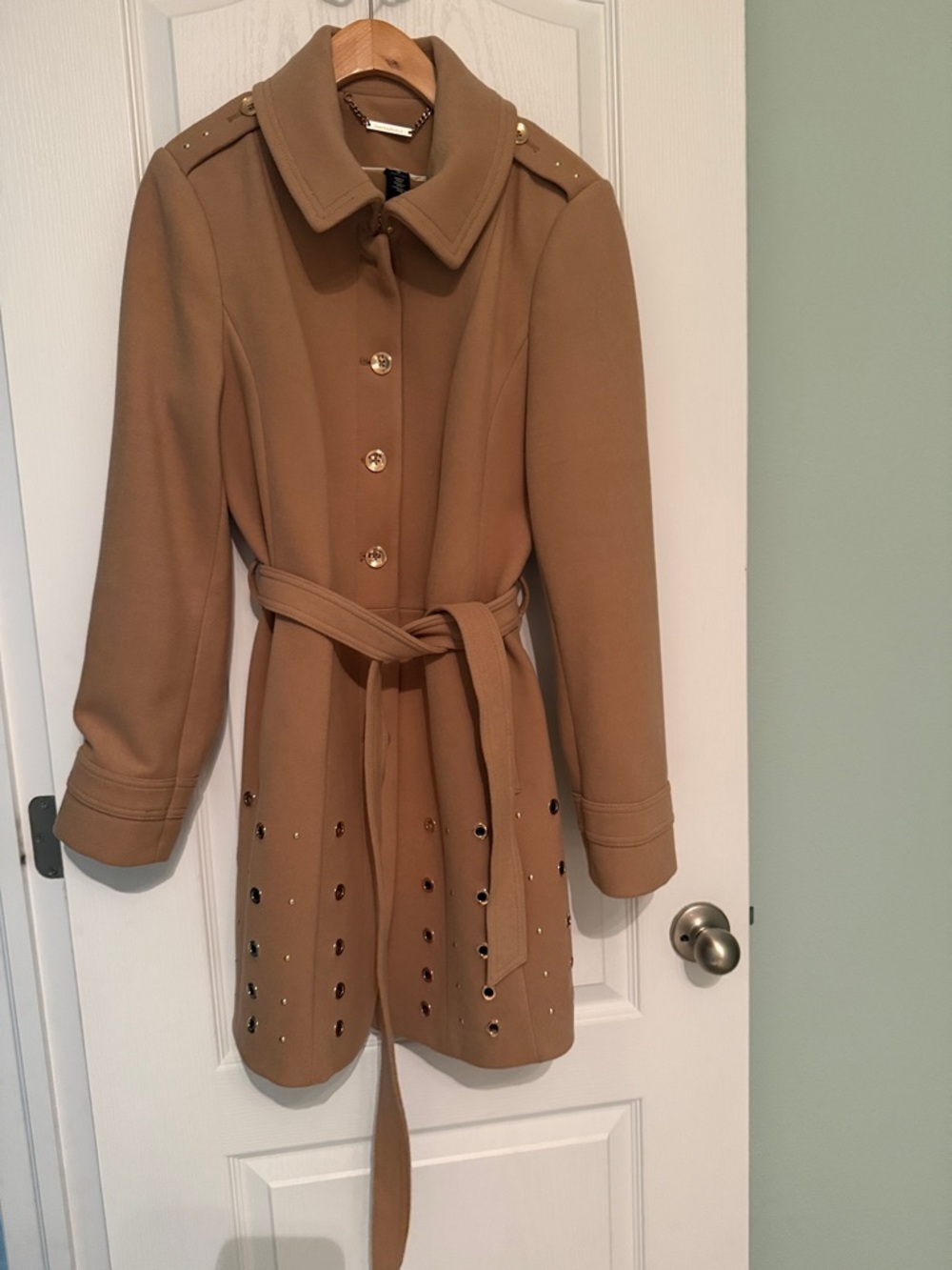 White House Black Market Camel Stud-Embellished Belted Trench Coat- size Medium